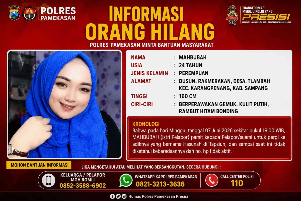 Poster informasi orang hilang atas nama Mahbubah yang diterbitkan Polres Pamekasan. (Dok. Humas Polres Pamekasan)