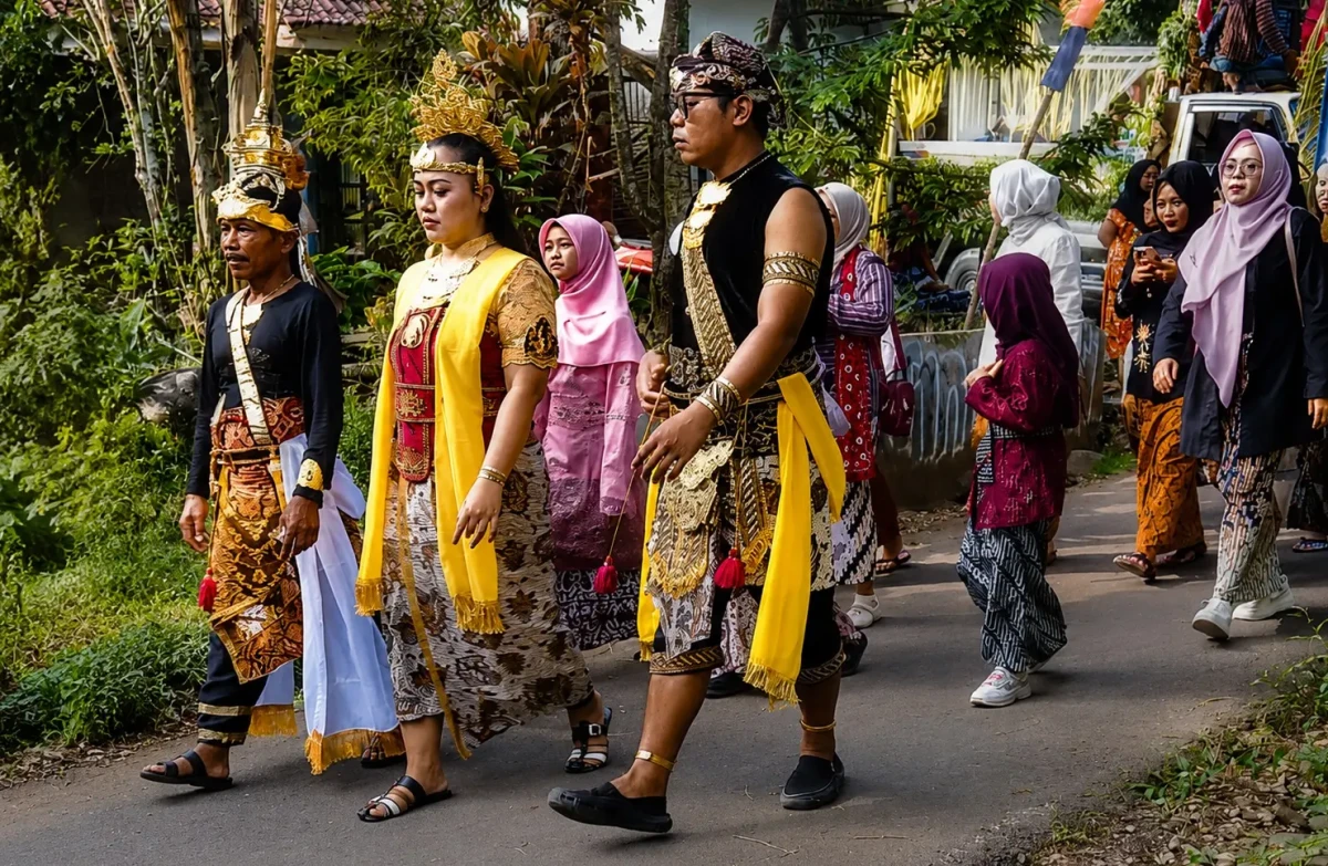 Peserta Kirab Pusaka mengenakan busana adat Banyumas mengiringi puncak Kamandaka Ciptarasa Festival 2026 dalam prosesi Sedekah Bumi Suran Tamansari.