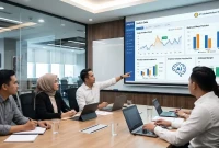 Ilustrasi AI terkait analisis data pergerakan harga gandum global dan estimasi produksi pada dasbor akuntansi manajemen.