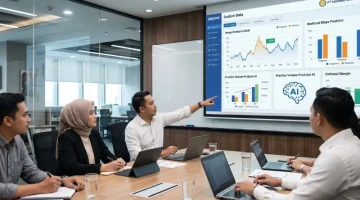 Ilustrasi AI terkait analisis data pergerakan harga gandum global dan estimasi produksi pada dasbor akuntansi manajemen.