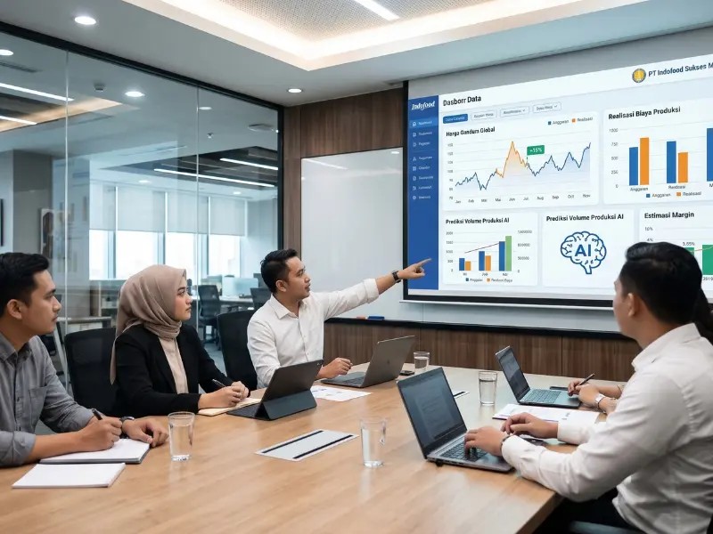 Ilustrasi AI terkait analisis data pergerakan harga gandum global dan estimasi produksi pada dasbor akuntansi manajemen.