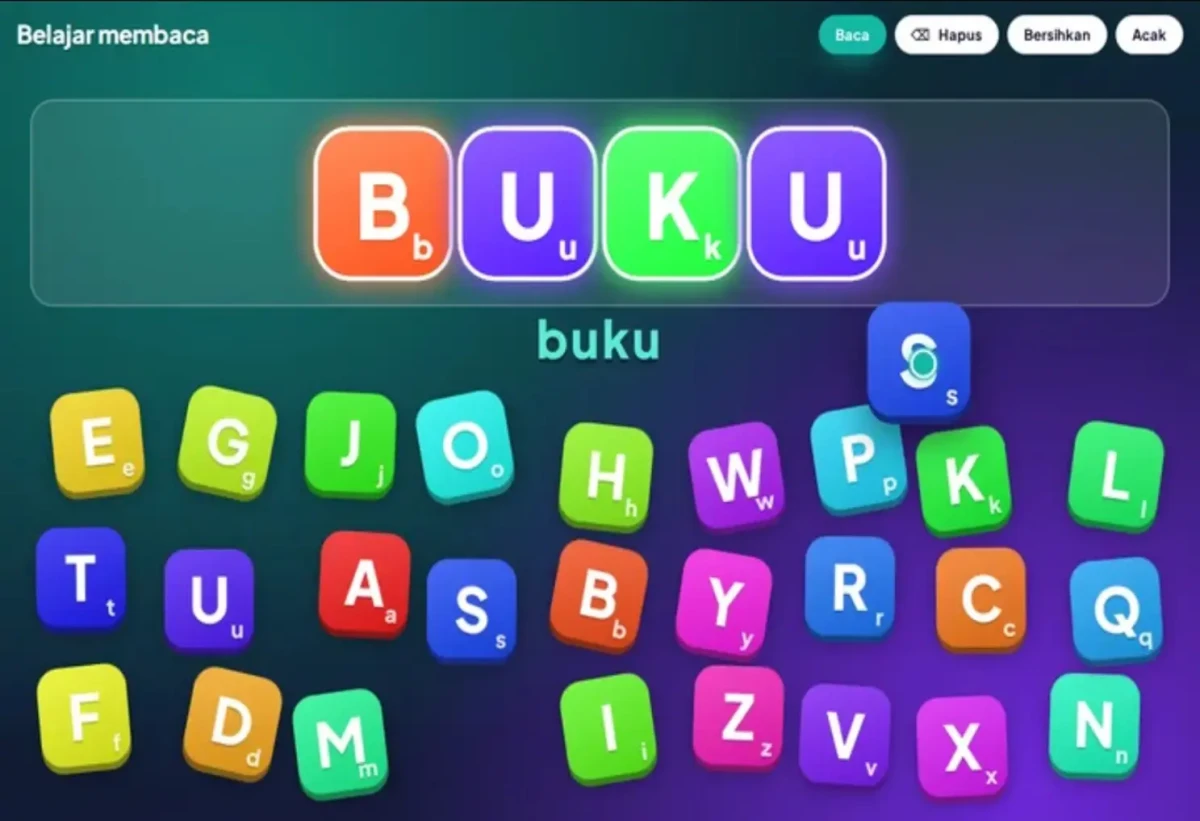 Tampilan game AlphaGrab di platform Yuk AI — anak menyusun huruf menjadi kata menggunakan gestur tangan di depan kamera.